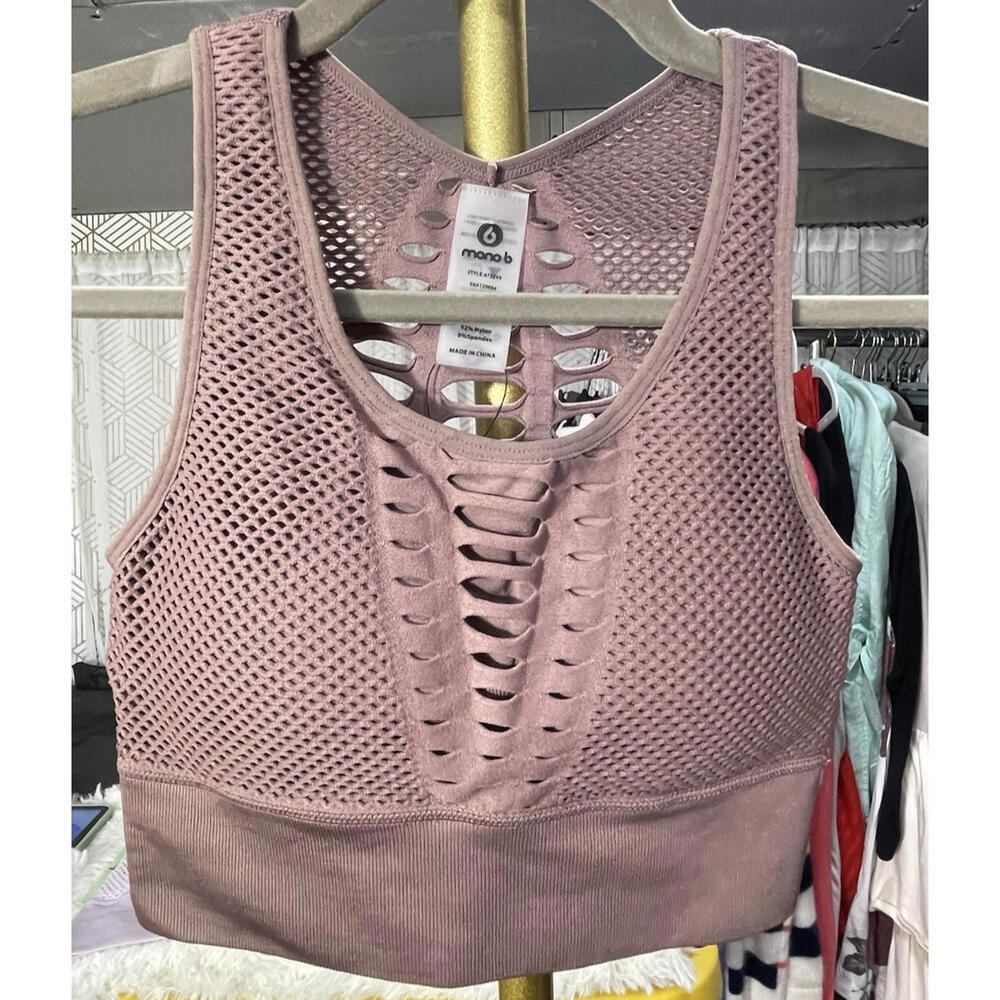 Mono B Women's Laser Cutout Seamless Sports Bra Mauve Racerback Athletic Size M